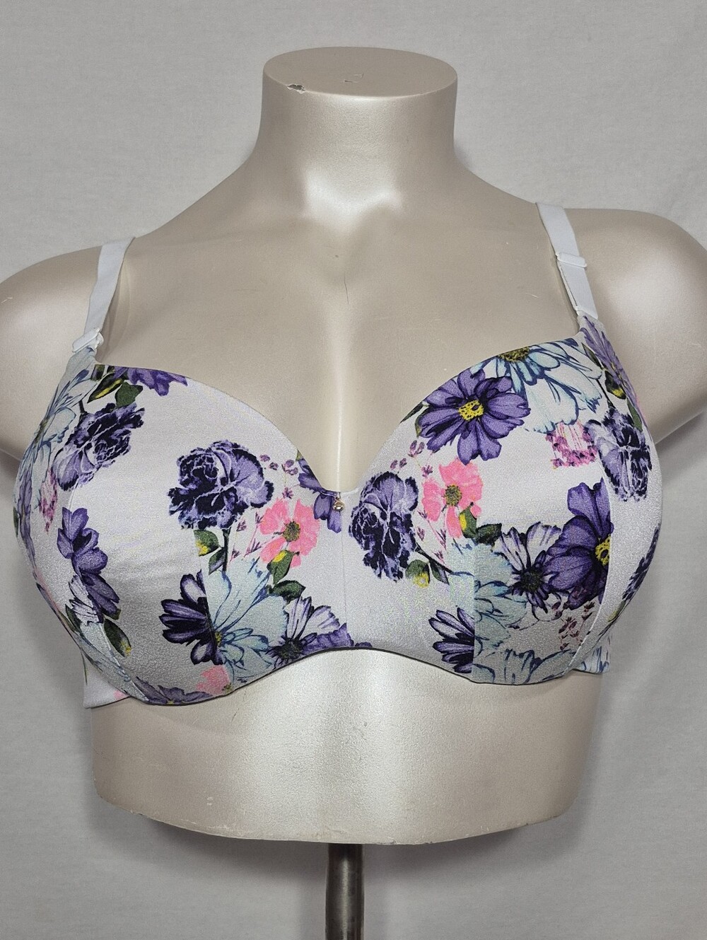 42D Cacique Lightly Lined Smooth‎ Balconette Underwire Bra White Purple Floral